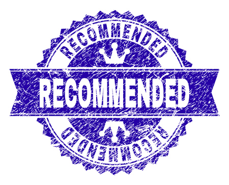 RECOMMENDED rosette stamp imitation with grunge style. Designed with round rosette, ribbon and small crowns. Blue vector rubber watermark of RECOMMENDED title with grunge style.のイラスト素材