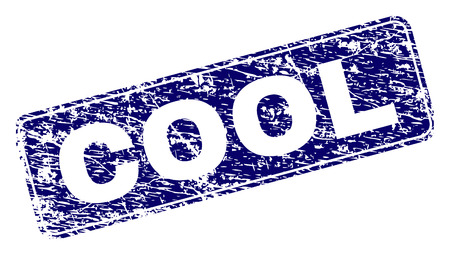 COOL stamp seal imprint with grunge texture. Seal shape is a rounded rectangle with frame. Blue vector rubber print of COOL label with grunge texture.のイラスト素材