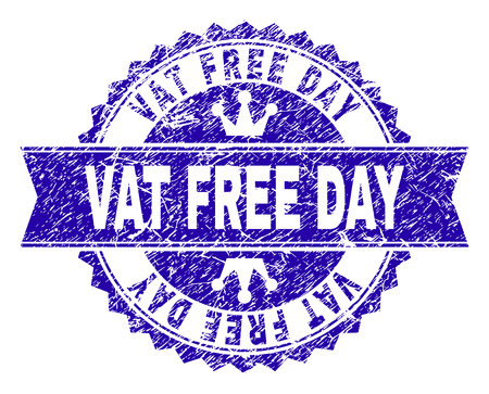 VAT FREE DAY rosette stamp seal imprint with grunge texture. Designed with round rosette, ribbon and small crowns. Blue vector rubber watermark of VAT FREE DAY label with dust texture.のイラスト素材
