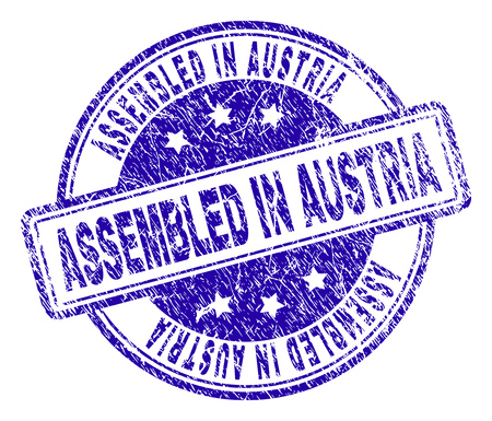 ASSEMBLED IN AUSTRIA stamp seal imprint with distress texture. Designed with rounded rectangles and circles. Blue vector rubber print of ASSEMBLED IN AUSTRIA text with unclean texture.のイラスト素材