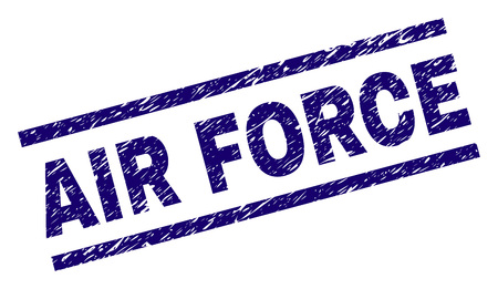 AIR FORCE seal stamp with distress style. Blue vector rubber print of AIR FORCE title with scratched texture. Text title is placed between parallel lines.のイラスト素材