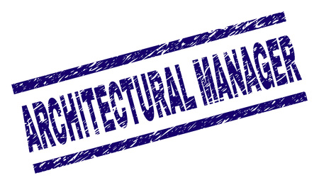 ARCHITECTURAL MANAGER seal print with grunge style. Blue vector rubber print of ARCHITECTURAL MANAGER text with corroded texture. Text label is placed between parallel lines.のイラスト素材