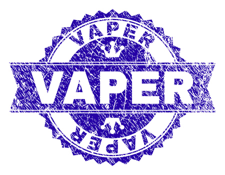 VAPER rosette stamp seal imprint with distress texture. Designed with round rosette, ribbon and small crowns. Blue vector rubber print of VAPER text with dirty texture.のイラスト素材