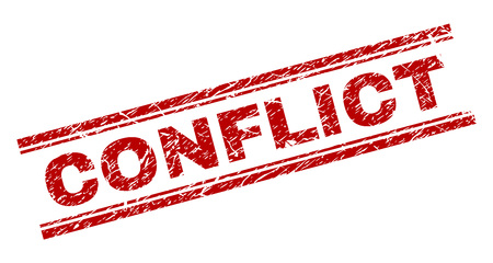 CONFLICT seal print with corroded effect. Red vector rubber print of CONFLICT caption with corroded texture. Text title is placed between double parallel lines.のイラスト素材