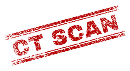 CT SCAN seal imprint with corroded texture. Red vector rubber print of CT SCAN label with grunge texture. Text label is placed between double parallel lines.のイラスト素材