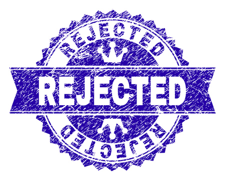 REJECTED rosette stamp watermark with distress style. Designed with round rosette, ribbon and small crowns. Blue vector rubber watermark of REJECTED text with dirty style.のイラスト素材