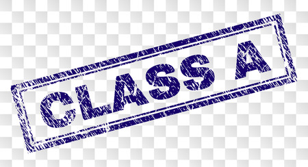 CLASS A stamp seal print with grainy style and double framed rectangle shape. Stamp is placed on a transparent background. Blue vector rubber print of CLASS A caption with dust texture.のイラスト素材