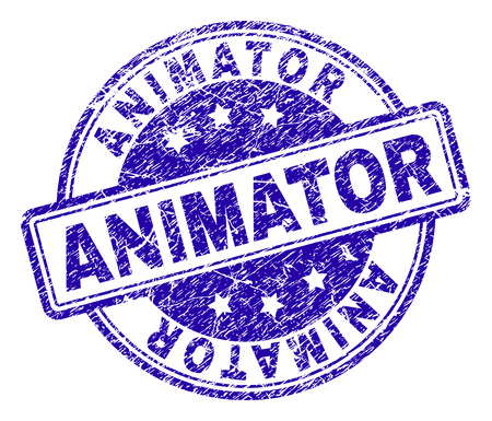 ANIMATOR stamp seal imprint with grunge effect. Designed with rounded rectangles and circles. Blue vector rubber print of ANIMATOR tag with grunge texture.のイラスト素材