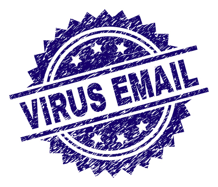VIRUS EMAIL stamp seal watermark with distress style. Blue vector rubber print of VIRUS EMAIL label with retro texture.のイラスト素材