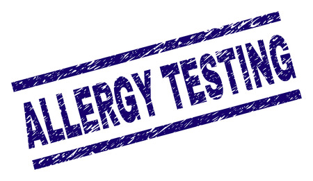 ALLERGY TESTING seal print with scratced style. Blue vector rubber print of ALLERGY TESTING text with grunge texture. Text label is placed between parallel lines.のイラスト素材