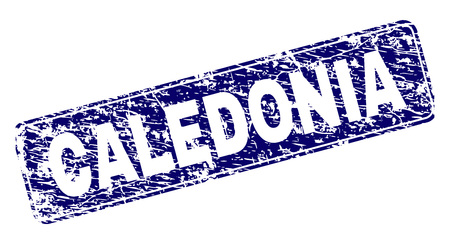 CALEDONIA stamp seal print with grunge style. Seal shape is a rounded rectangle with frame. Blue vector rubber print of CALEDONIA text with grunge style.のイラスト素材