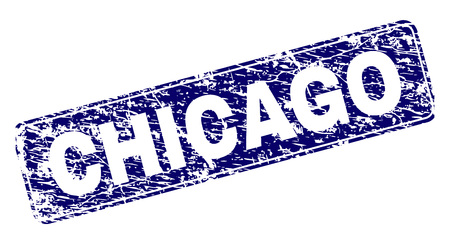 CHICAGO stamp seal watermark with grunge style. Seal shape is a rounded rectangle with frame. Blue vector rubber print of CHICAGO caption with grunge style.のイラスト素材