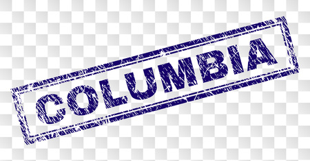 COLUMBIA stamp seal watermark with rubber print style and double framed rectangle shape. Stamp is placed on a transparent background. Blue vector rubber print of COLUMBIA caption with dirty texture.のイラスト素材