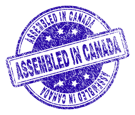 ASSEMBLED IN CANADA stamp seal watermark with distress texture. Designed with rounded rectangles and circles. Blue vector rubber print of ASSEMBLED IN CANADA caption with retro texture.のイラスト素材