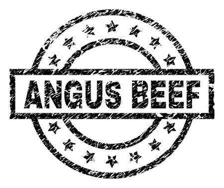 ANGUS BEEF stamp seal watermark with distress style. Designed with rectangle, circles and stars. Black vector rubber print of ANGUS BEEF caption with retro texture.のイラスト素材