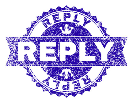 REPLY rosette stamp seal imprint with grunge style. Designed with round rosette, ribbon and small crowns. Blue vector rubber watermark of REPLY caption with grunge texture.のイラスト素材
