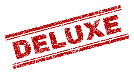 DELUXE seal stamp with grunge texture. Red vector rubber print of DELUXE caption with grunge texture. Text caption is placed between double parallel lines.のイラスト素材