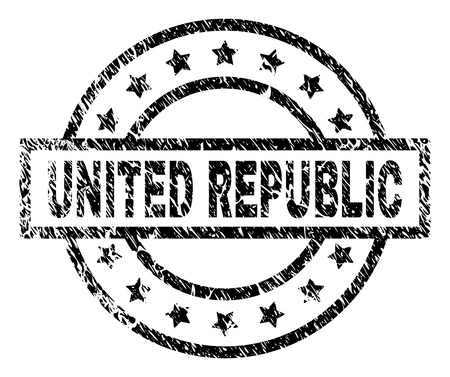 UNITED REPUBLIC stamp seal watermark with distress style. Designed with rectangle, circles and stars. Black vector rubber print of UNITED REPUBLIC title with grunge texture.のイラスト素材