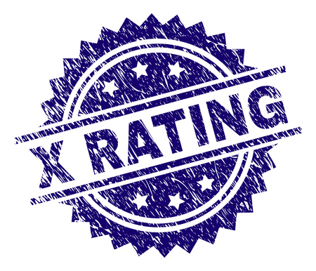 X RATING stamp seal watermark with distress style. Blue vector rubber print of X RATING title with unclean texture.のイラスト素材