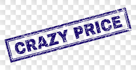 CRAZY PRICE stamp seal print with rubber print style and double framed rectangle shape. Stamp is placed on a transparent background. Blue vector rubber print of CRAZY PRICE text with dust texture.のイラスト素材