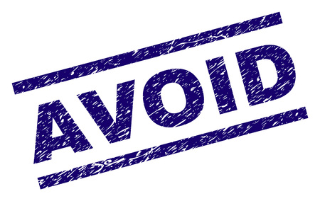 AVOID seal print with grunge style. Blue vector rubber print of AVOID tag with unclean texture. Text tag is placed between parallel lines.のイラスト素材