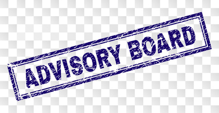 ADVISORY BOARD stamp seal print with corroded style and double framed rectangle shape. Stamp is placed on a transparent background. Blue vector rubber print of ADVISORY BOARD title with dust texture.のイラスト素材