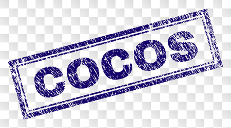 COCOS stamp seal print with rubber print style and double framed rectangle shape. Stamp is placed on a transparent background. Blue vector rubber print of COCOS caption with corroded texture.のイラスト素材