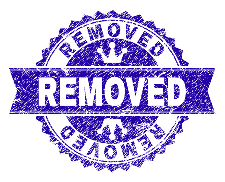 REMOVED rosette stamp seal watermark with distress texture. Designed with round rosette, ribbon and small crowns. Blue vector rubber watermark of REMOVED text with scratched style.のイラスト素材