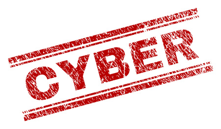 CYBER seal print with distress texture. Red vector rubber print of CYBER tag with unclean texture. Text tag is placed between double parallel lines.のイラスト素材