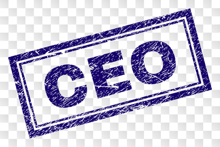 CEO stamp seal watermark with rubber print style and double framed rectangle shape. Stamp is placed on a transparent background. Blue vector rubber print of CEO caption with dirty texture.のイラスト素材