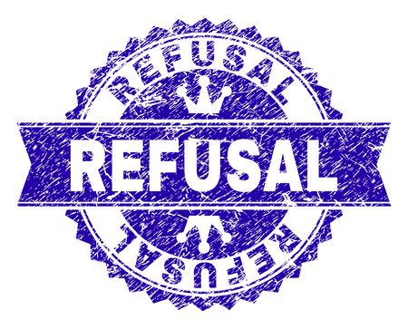 REFUSAL rosette seal watermark with grunge style. Designed with round rosette, ribbon and small crowns. Blue vector rubber print of REFUSAL caption with grunge style.のイラスト素材