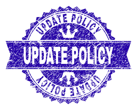 UPDATE POLICY rosette stamp seal overlay with grunge texture. Designed with round rosette, ribbon and small crowns. Blue vector rubber watermark of UPDATE POLICY text with grunge texture.のイラスト素材