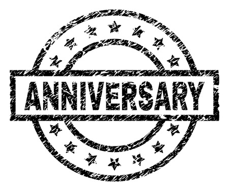 ANNIVERSARY stamp seal watermark with distress style. Designed with rectangle, circles and stars. Black vector rubber print of ANNIVERSARY title with unclean texture.のイラスト素材