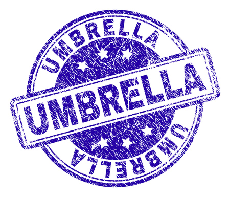 UMBRELLA stamp seal imprint with distress texture. Designed with rounded rectangles and circles. Blue vector rubber print of UMBRELLA label with scratched texture.のイラスト素材