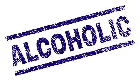 ALCOHOLIC seal print with scratced style. Blue vector rubber print of ALCOHOLIC label with retro texture. Text label is placed between parallel lines.のイラスト素材