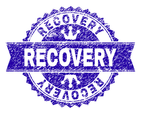 RECOVERY rosette seal watermark with distress texture. Designed with round rosette, ribbon and small crowns. Blue vector rubber watermark of RECOVERY text with grunge texture.のイラスト素材