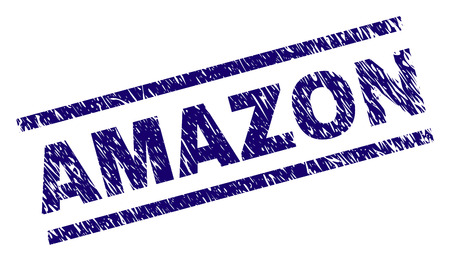 AMAZON seal print with scratced style. Blue vector rubber print of AMAZON text with retro texture. Text tag is placed between parallel lines.のイラスト素材