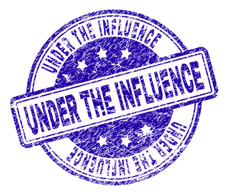 UNDER THE INFLUENCE stamp seal imprint with grunge texture. Designed with rounded rectangles and circles. Blue vector rubber print of UNDER THE INFLUENCE title with grunge texture.のイラスト素材