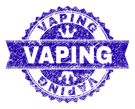 VAPING rosette stamp seal watermark with grunge texture. Designed with round rosette, ribbon and small crowns. Blue vector rubber print of VAPING label with grunge texture.のイラスト素材
