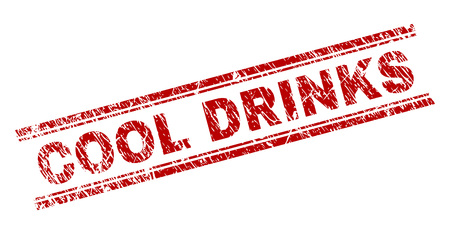 COOL DRINKS seal imprint with distress texture. Red vector rubber print of COOL DRINKS tag with grunge texture. Text tag is placed between double parallel lines.のイラスト素材