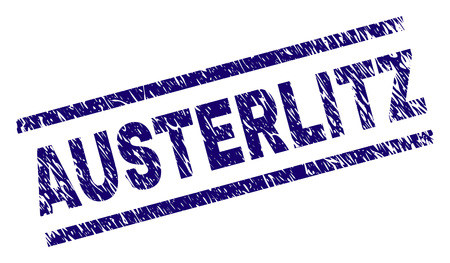 AUSTERLITZ seal stamp with distress style. Blue vector rubber print of AUSTERLITZ text with retro texture. Text label is placed between parallel lines.のイラスト素材