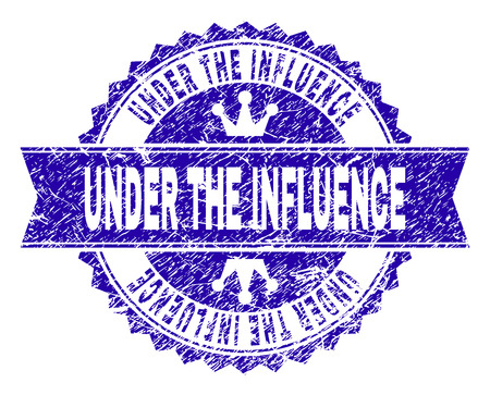 UNDER THE INFLUENCE rosette stamp seal watermark with distress effect. Designed with round rosette, ribbon and small crowns.のイラスト素材