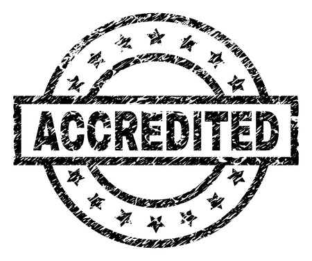 ACCREDITED stamp seal watermark with distress style. Designed with rectangle, circles and stars. Black vector rubber print of ACCREDITED tag with grunge texture.のイラスト素材