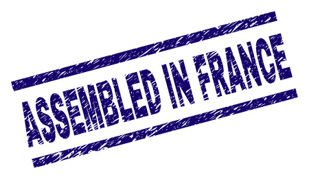 ASSEMBLED IN FRANCE seal print with distress style. Blue vector rubber print of ASSEMBLED IN FRANCE text with unclean texture. Text label is placed between parallel lines.のイラスト素材