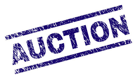 AUCTION seal stamp with grunge style. Blue vector rubber print of AUCTION title with corroded texture. Text title is placed between parallel lines.のイラスト素材