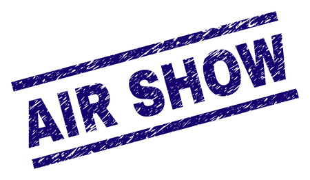 AIR SHOW seal print with scratced style. Blue vector rubber print of AIR SHOW tag with scratched texture. Text tag is placed between parallel lines.のイラスト素材