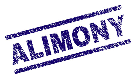 ALIMONY seal print with scratced style. Blue vector rubber print of ALIMONY text with dust texture. Text caption is placed between parallel lines.のイラスト素材