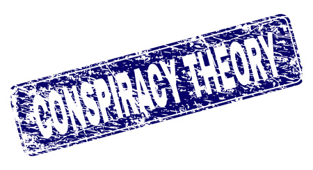 CONSPIRACY THEORY stamp seal print with grunge texture. Seal shape is a rounded rectangle with frame. Blue vector rubber print of CONSPIRACY THEORY title with corroded texture.のイラスト素材