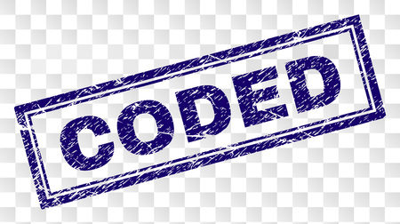 CODED stamp seal print with grunge style and double framed rectangle shape. Stamp is placed on a transparent background. Blue vector rubber print of CODED title with grunge texture.のイラスト素材