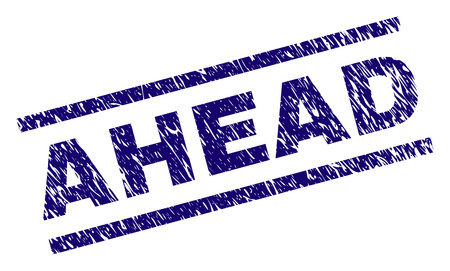 AHEAD seal print with grunge style. Blue vector rubber print of AHEAD title with grunge texture. Text label is placed between parallel lines.のイラスト素材